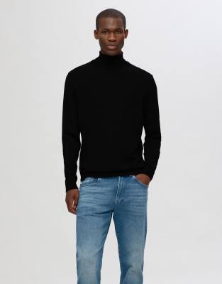 Selected - Pull à col roulé en laine mérinos - Noir