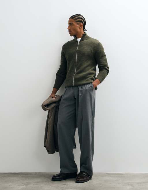 Selected pull en maille côtelée à double zip kaki, 2 de 5