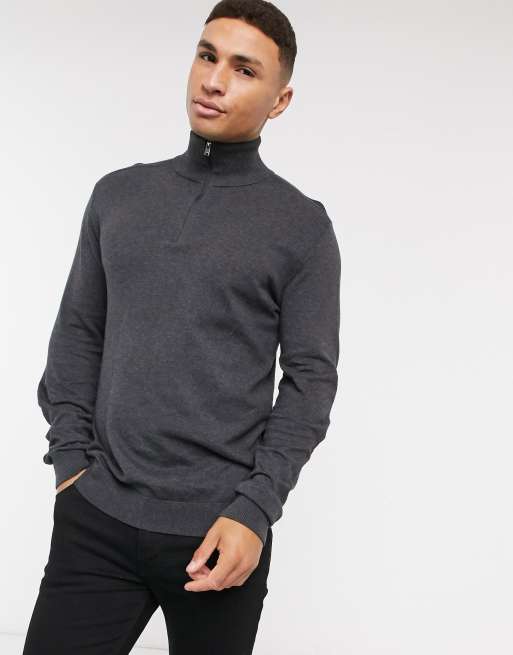 Selected quarter zip jumper in dark grey, 3 of 4