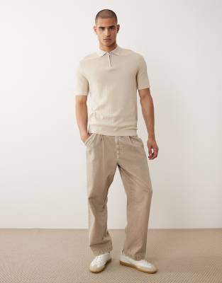 Selected Quarter Zip Polo Shirt In Neutral