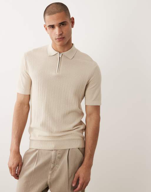 Selected quarter zip polo shirt in beige, 2 of 5