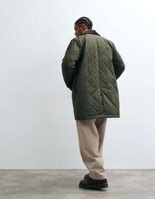 Selected quilted duffel coat with contrast collar in green, 2 of 5