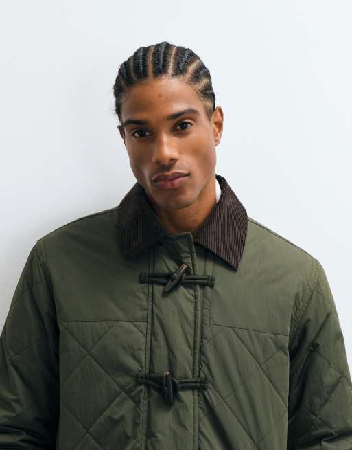 Selected quilted duffel coat with contrast collar in green, 3 of 5