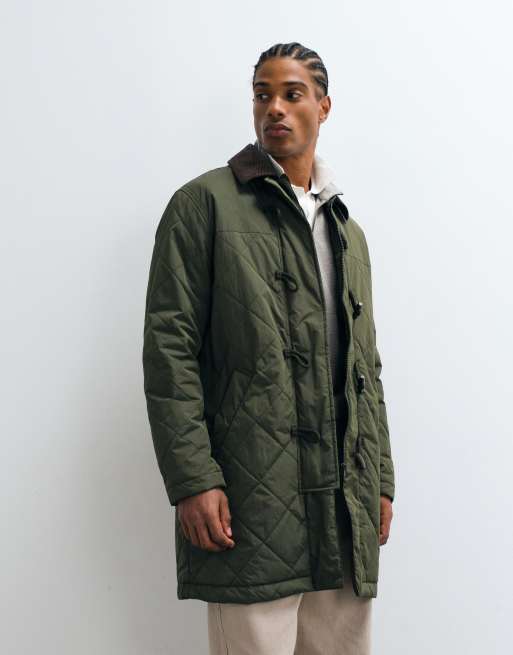 Selected quilted duffel coat with contrast collar in green, 4 of 5