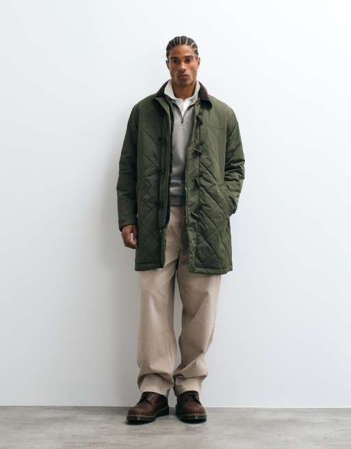 Selected quilted duffel coat with contrast collar in green, 5 of 5
