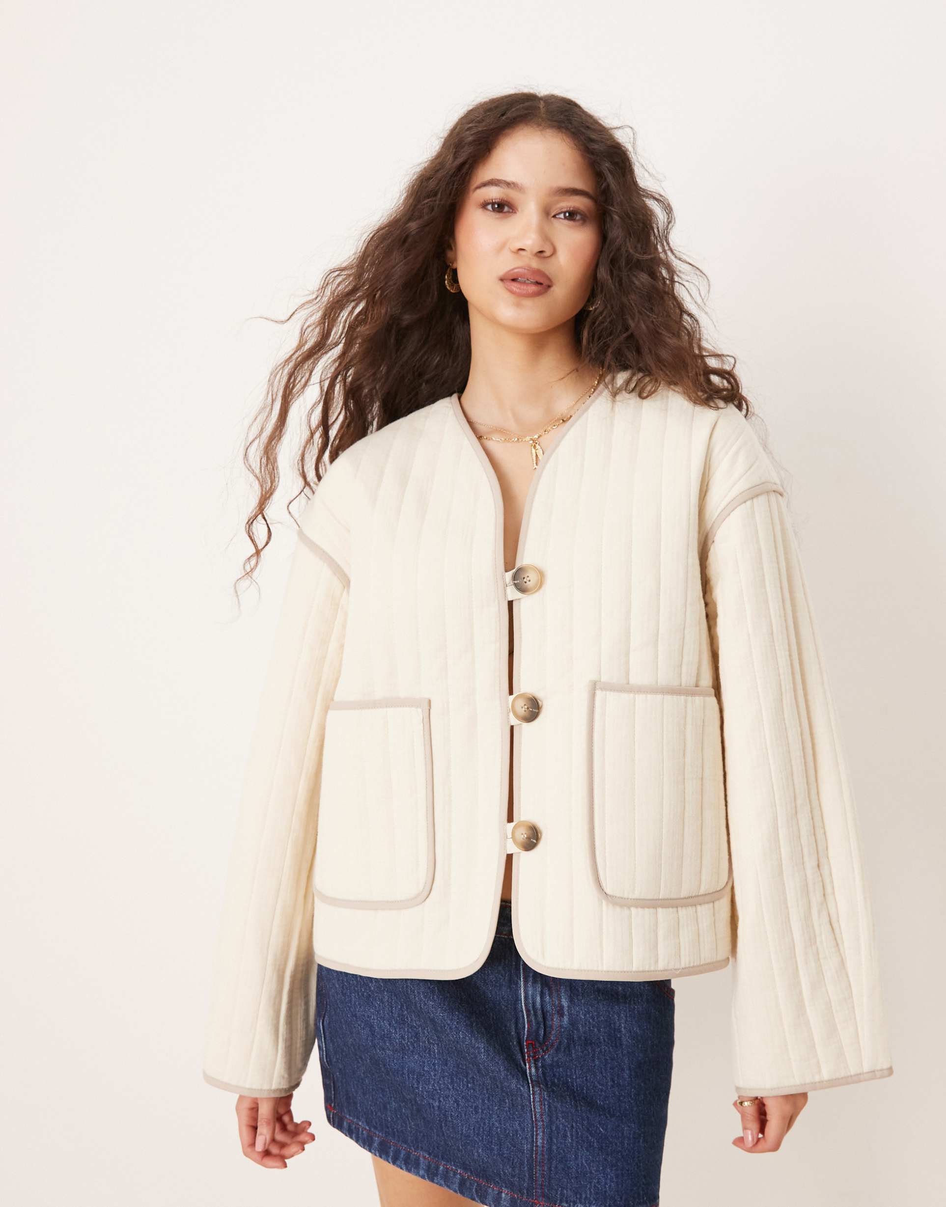 selected quilted jacket in cream with pockets