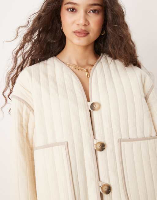 Selected quilted jacket in cream with pockets, 3 of 4