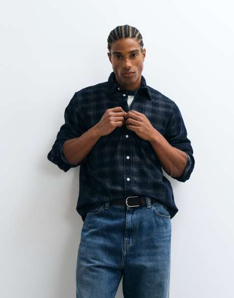 Selected regular fit corduroy shirt in dark navy check - view 1