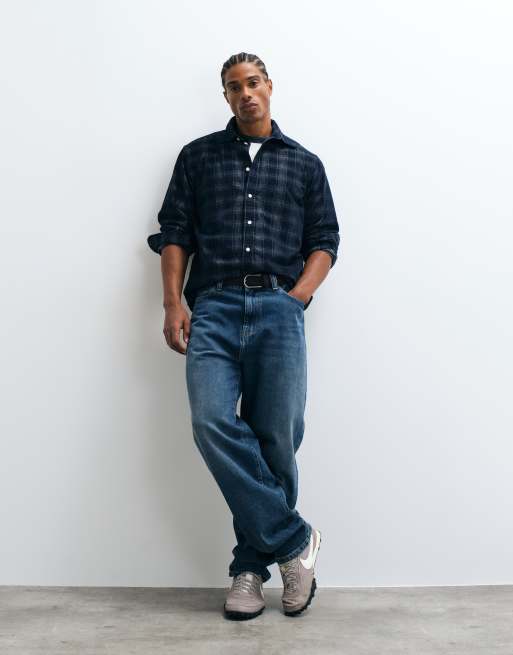 Selected regular fit corduroy shirt in dark navy check, 2 of 5