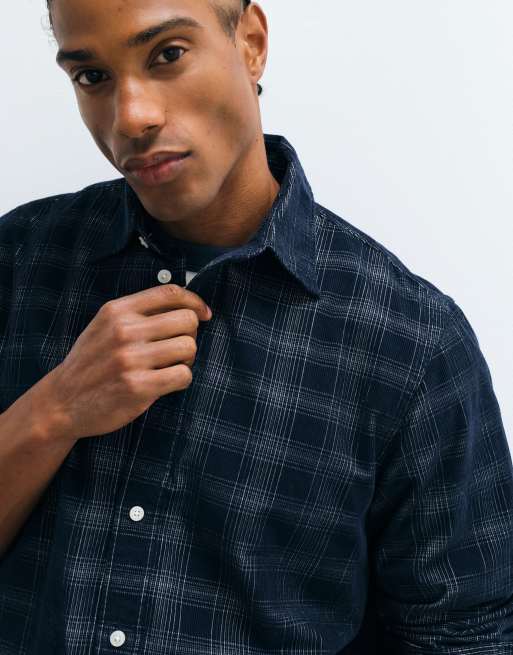 Selected regular fit corduroy shirt in dark navy check, 3 of 5