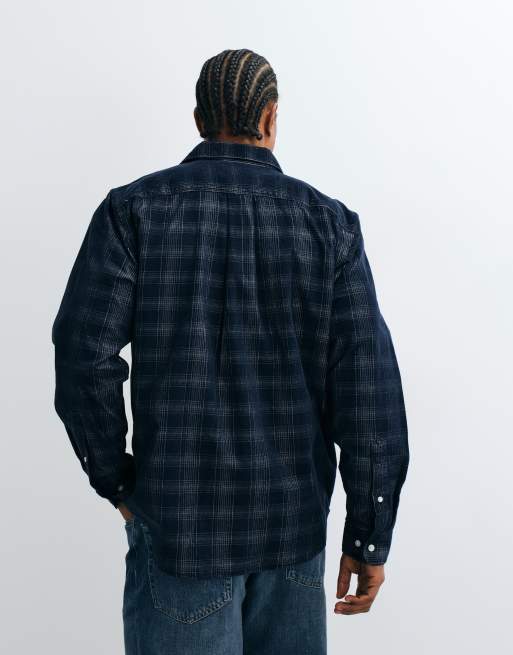 Selected regular fit corduroy shirt in dark navy check, 4 of 5