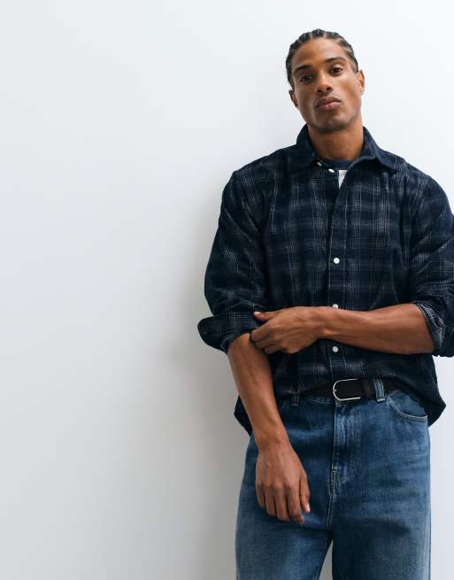 Selected regular fit corduroy shirt in dark navy check, 5 of 5