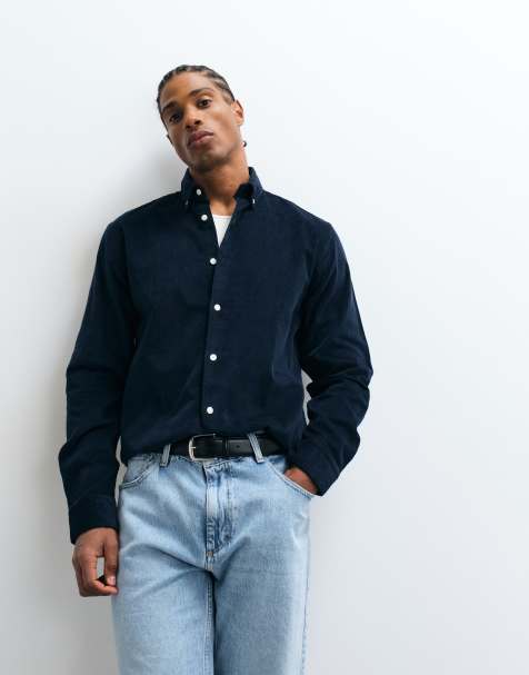 Selected regular fit corduroy shirt with buttonned collar in dark navy - view 1