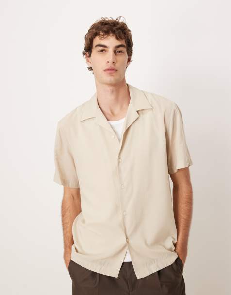 Selected regular fit short sleeved printed shirt in beige - view 1
