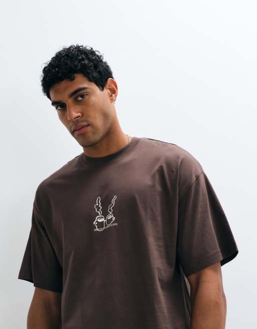 Selected relaxed-fit T-shirt met crème Coffee Club-print in bruin, 2 van 5