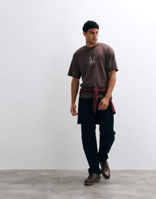 Selected relaxed-fit T-shirt met crème Coffee Club-print in bruin, 3 van 5