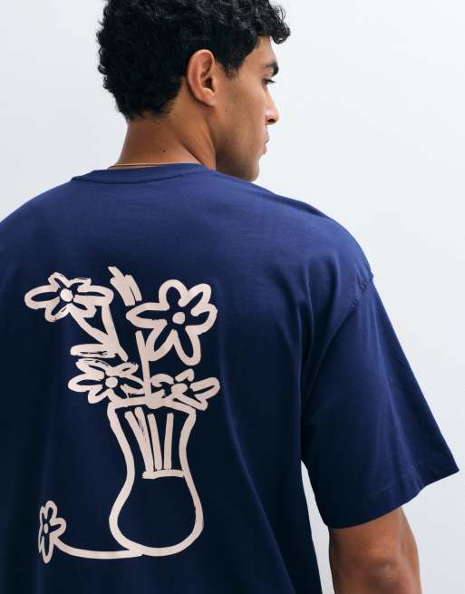 Selected relaxed-fit T-shirt met roze abstracte vaas-backprint in navy, 4 van 5