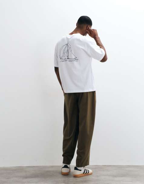 Selected relaxed-fit T-shirt met witte zeilbootprint op navy - view 1