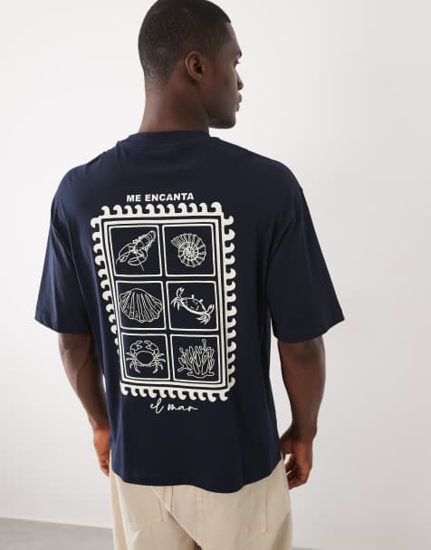 Selected relaxed fit T-shirt with marine stamp backprint in navy - view 1