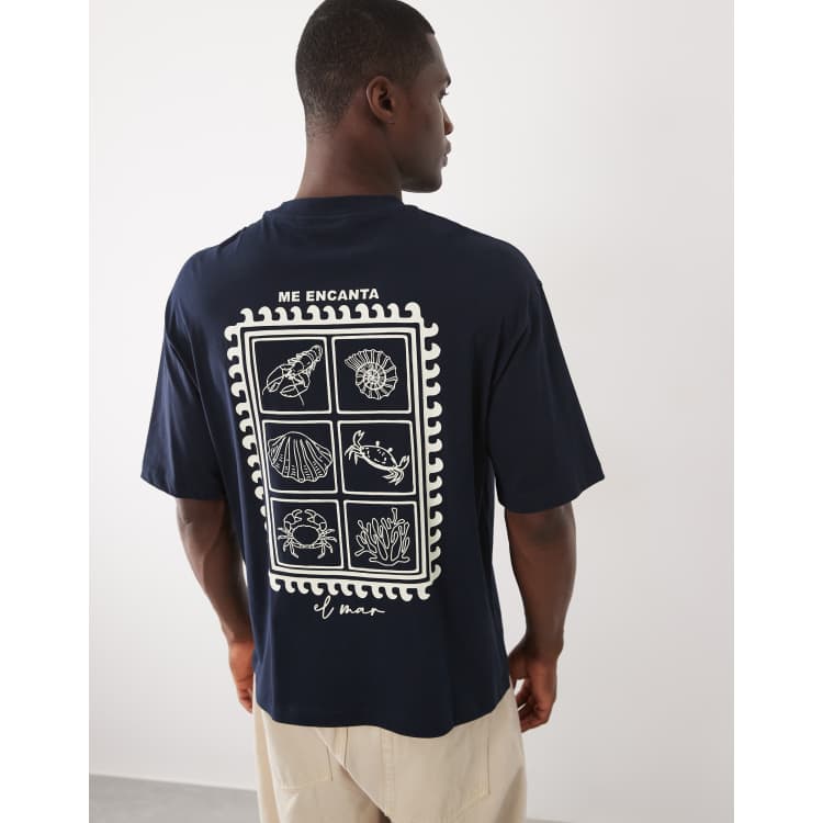 Selected relaxed fit T-shirt with marine stamp backprint in navy