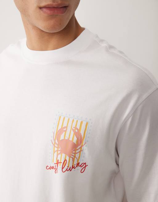 Selected relaxed fit T-shirt with small crab stamp print in white, 4 of 5