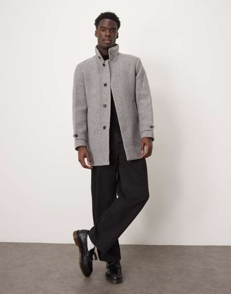 Selected Reuben overcoat with funnel neck in gray - view 1