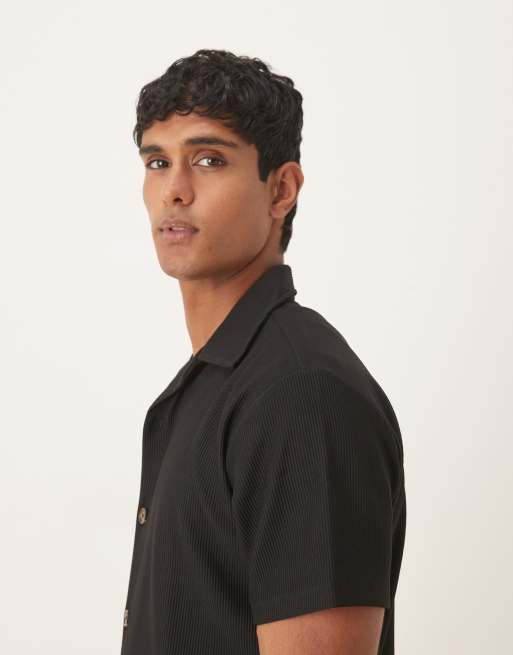 Selected revere collar plisse shirt in black (part of a set) , 2 of 5
