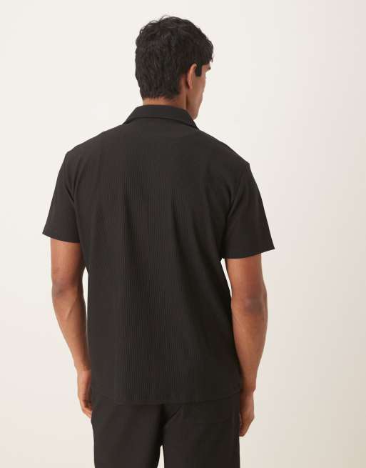 Selected revere collar plisse shirt in black (part of a set) , 3 of 5