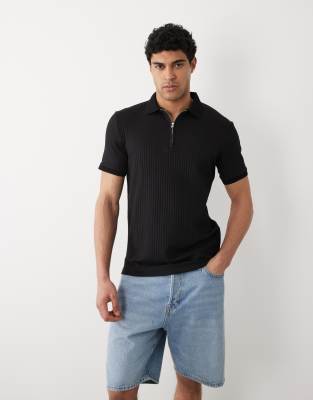Selected Ribbed Half Zip Polo Shirt In Black