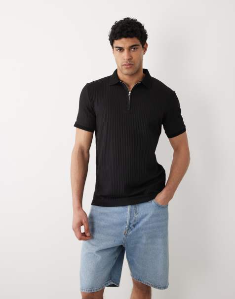 Selected ribbed half zip polo shirt in black - view 1