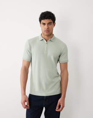 Selected Ribbed Half Zip Polo Shirt In Green