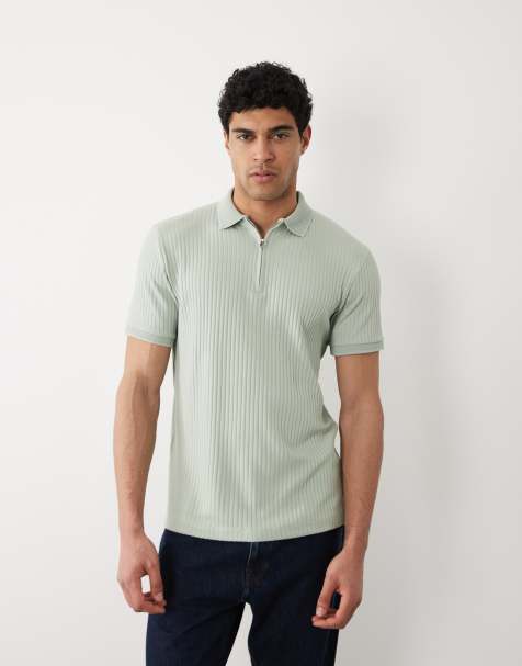 Selected ribbed half zip polo shirt in light green - view 1