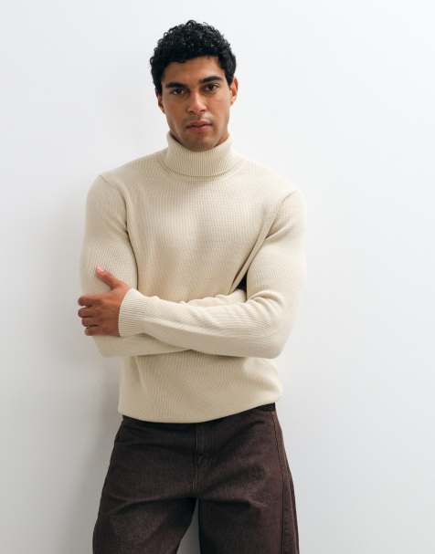 Selected ribbed knit roll neck jumper in cream - view 1