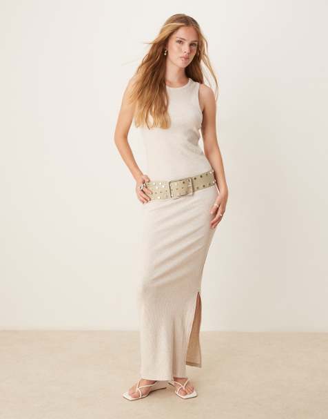 Selected ribbed long dress in light beige - view 1