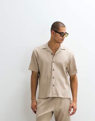 Selected Ribbed Short Sleeve Shirt In Neutral
