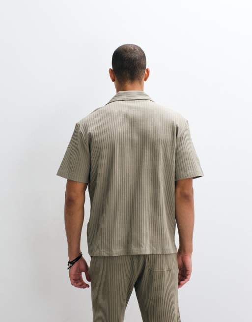 Selected ribbed short sleeve shirt in khaki -set, 5 of 5
