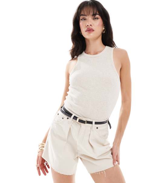 Selected ribbed singlet in cream - view 1