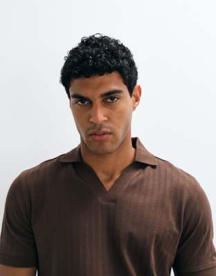 Selected Ribbed Split Neck Polo In Brown