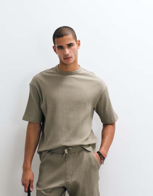 Selected ribbed T-shirt in khaki - part of a set, 3 of 5