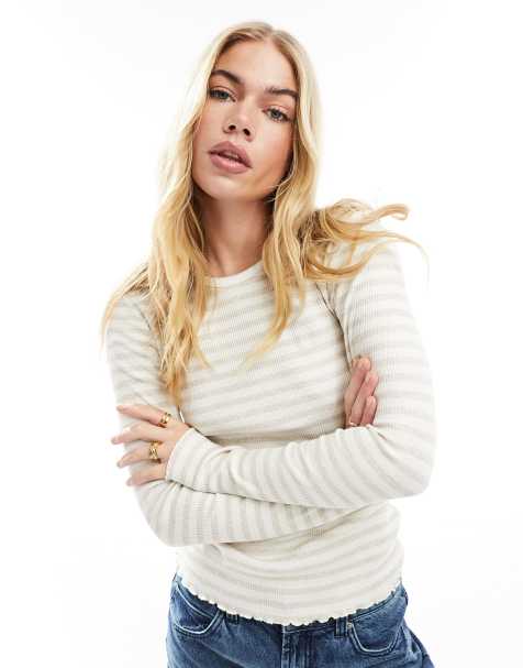 Selected - Ribstrikket beige T-shirt med lange ærmer og striber - view 1