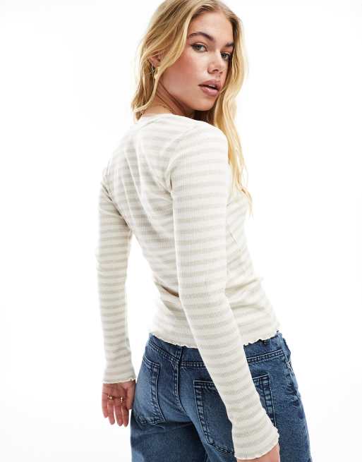 Selected - Ribstrikket beige T-shirt med lange ærmer og striber, 4 af 4