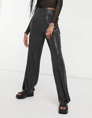 Selected Selected Sandra wide leg sparkle trousers in black