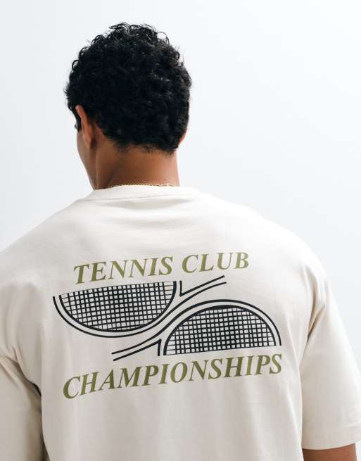 Selected schweres T-Shirt in Boxy-Passform mit grünem Tennis-Club-Backprint in Cremeweiß, 4 von 5