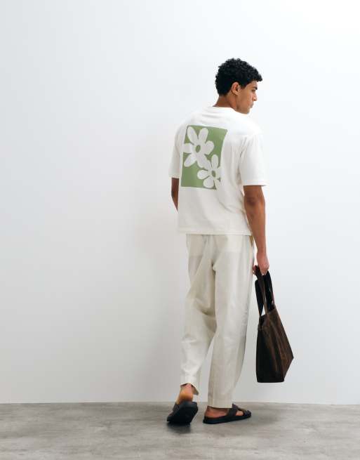 Selected schweres T-Shirt in lockerer Passform mit grünem abstraktem Blumen-Backprint in Cremeweiß, 4 von 5