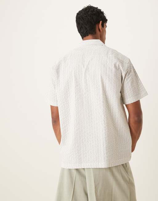 Selected seersucker camp collar shirt in cream stripe , 4 of 4