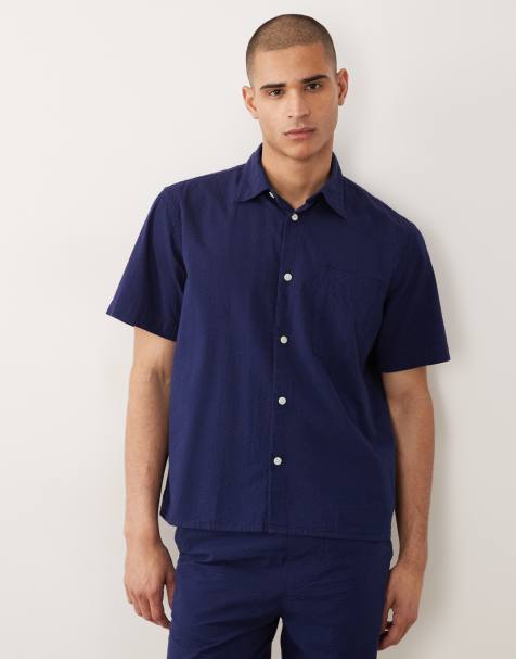 Selected - Seersucker overhemd met korte mouwen in marineblauw, deel van co-ord set - view 1