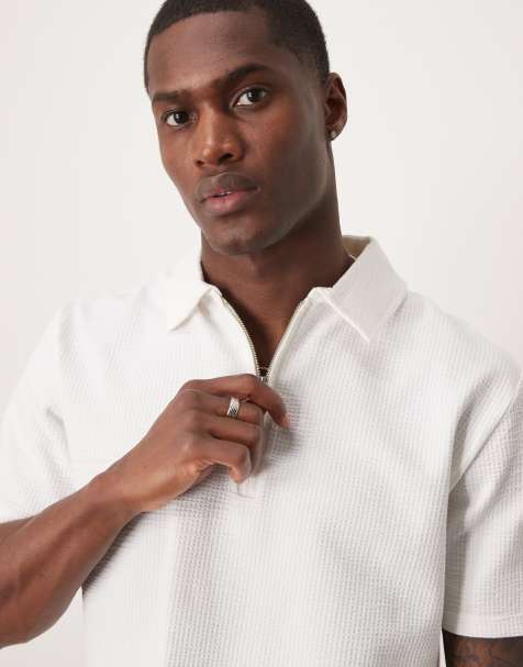 Selected - Seersucker poloshirt met korte rits in crème - view 1