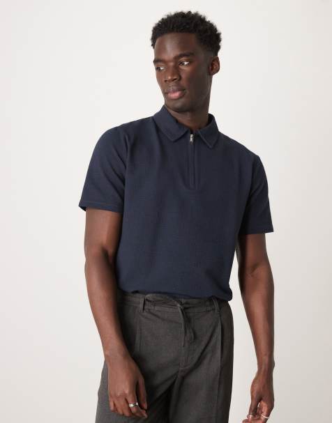 Selected - Seersucker poloshirt met korte rits in marineblauw - view 1