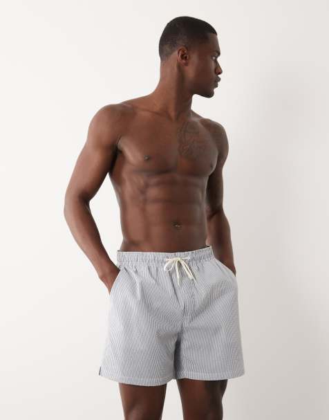 Selected seersucker swimshorts in blue stripe - view 1