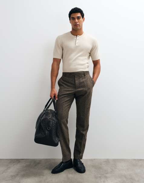 Selected set slim fit wool blend check pants in brown - view 1